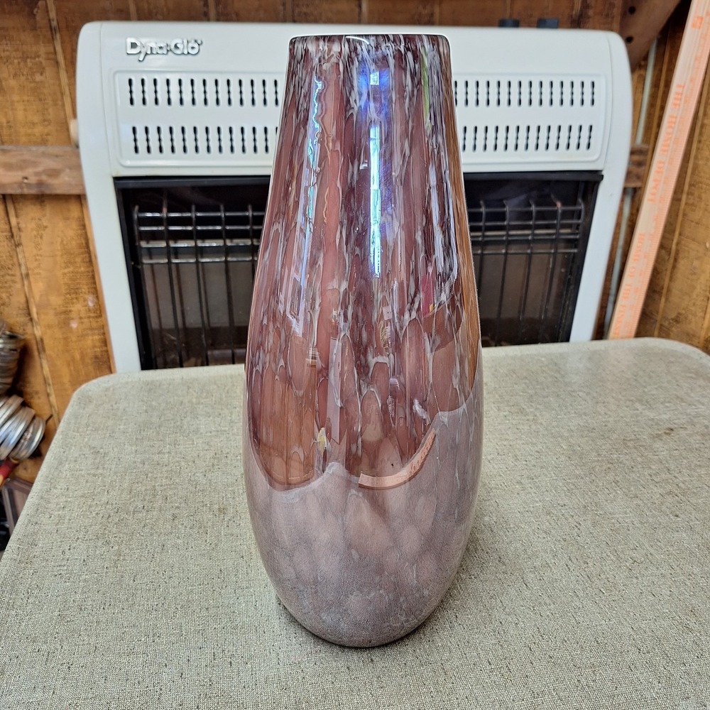 Pink Oil Slick white Encased‎  Art Glass Vase 14" X 6" Teardrop Thick Heavey
